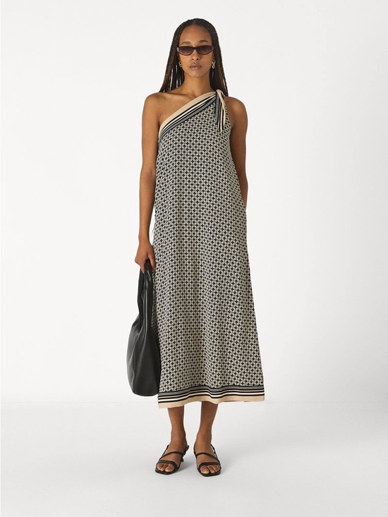 Abercrombie & Fitch Dresses & Skirts - Abercrombie One Shoulder Scarf Maxi Dress Cream Black Geometric Print L